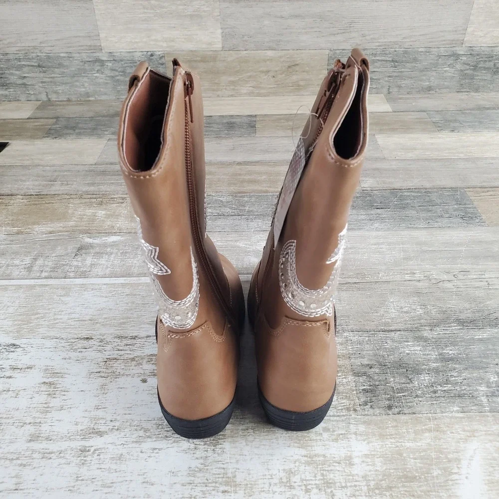 Kensie Girls Cowgirl Boots Sz 12 Beige Faux Leather Low Heel Almond Toe Zip-Up